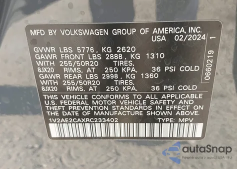 2024 Volkswagen Atlas Cross Sport 2.0T Sel R-Line из США, поврежденный, VIN 1V2AE2CAXRC233402